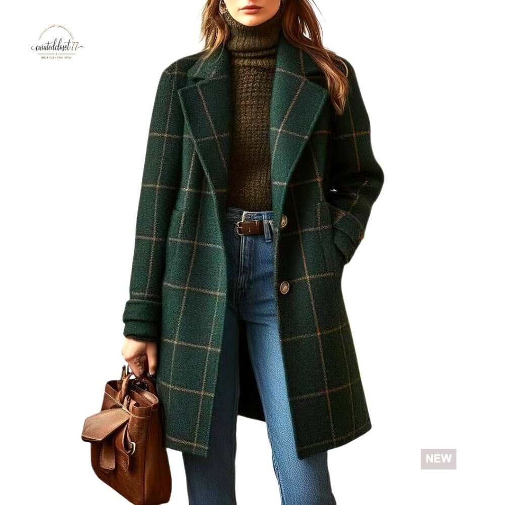 Women's Wool Trench Coat Notched Collar Plaid Button Down Mid Long Overcoat